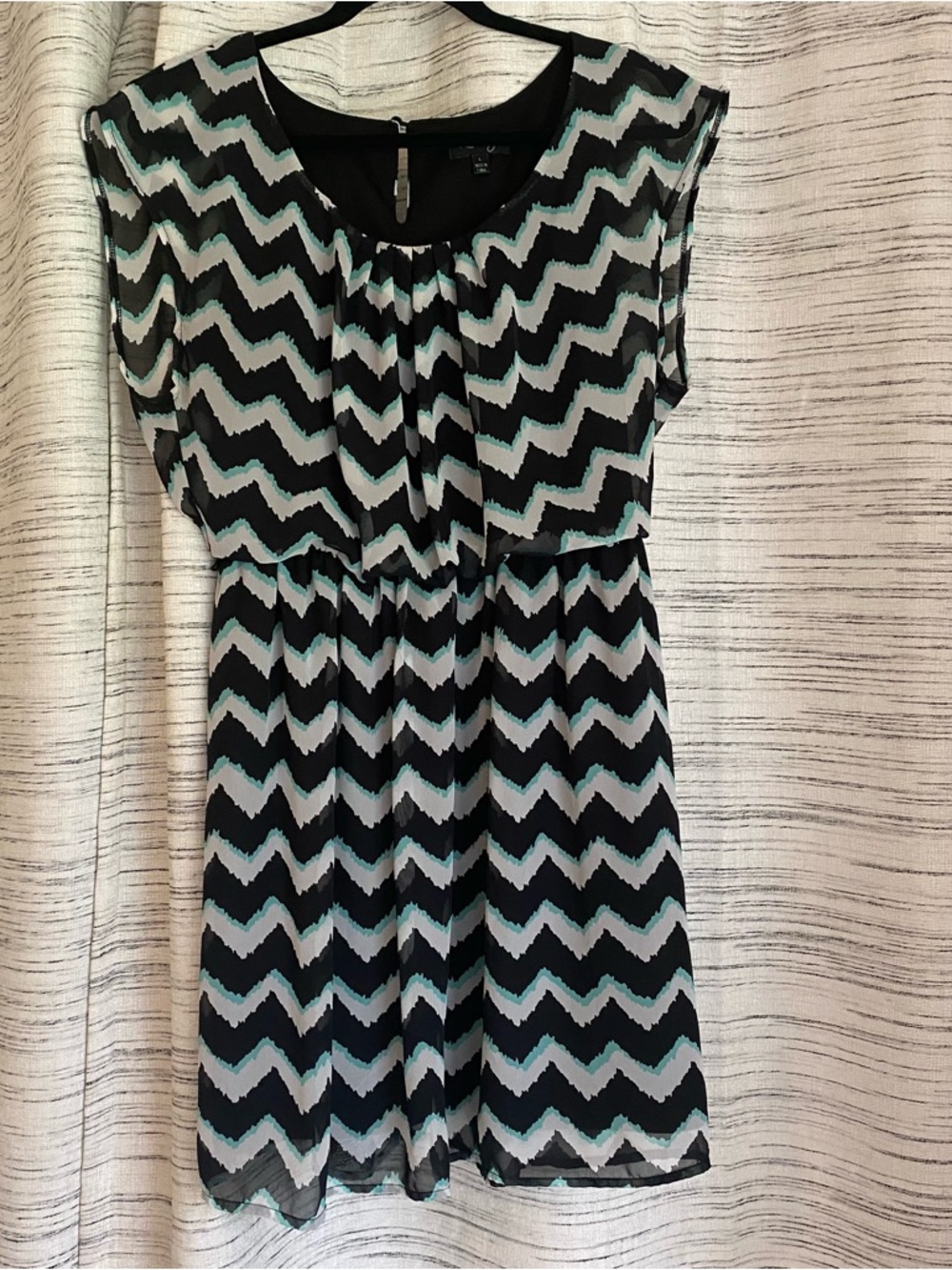 Love Reign Black and White Zigzag Dress with Teal Accents